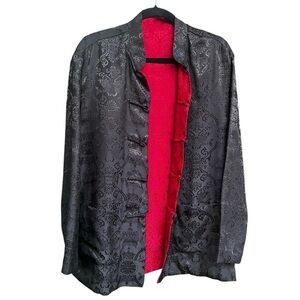 Vintage Black Satin Asian Brocade Jacket Mandarin Collar Red Lining OS Oriental